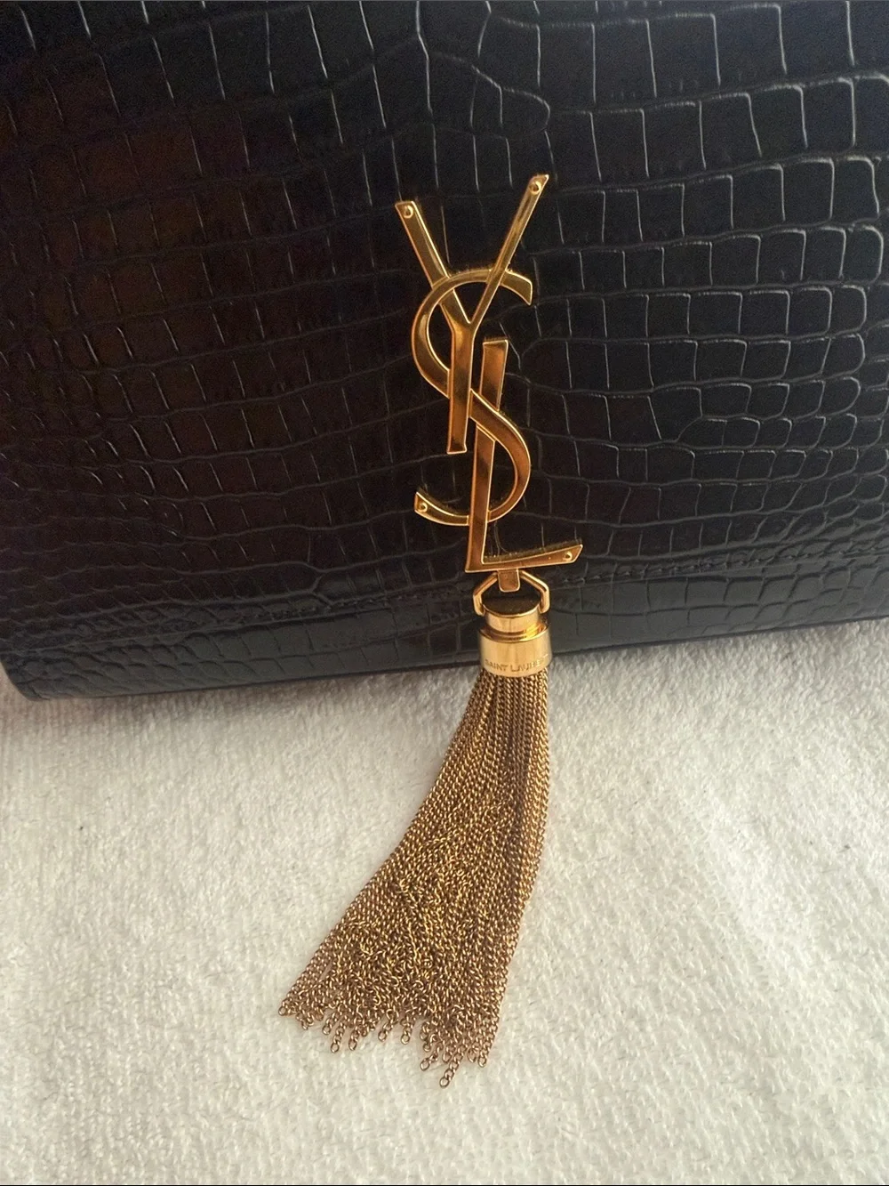 Saint Laurent Black Croc-Embossed Shoulder Bag with Gold Chain and YSL Tassel